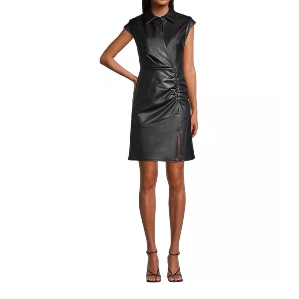 Milly Vegan Leather Ruched Mini Dress Black Size 4